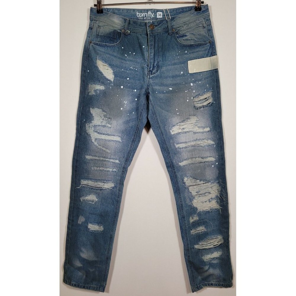 Born Fly Anytown USA Designer Jeans Men’s Size 36 / 32 Distressed Splattered